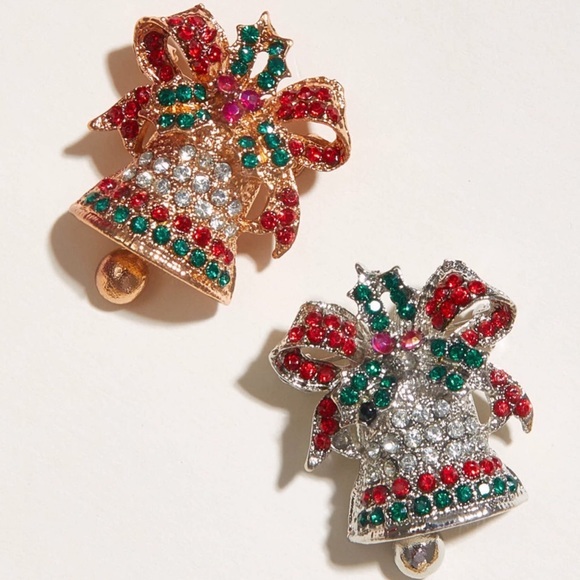 1 left! Set of 2 Christmas Bell Rhinestone Bow Bling Brooches - Picture 1 of 9